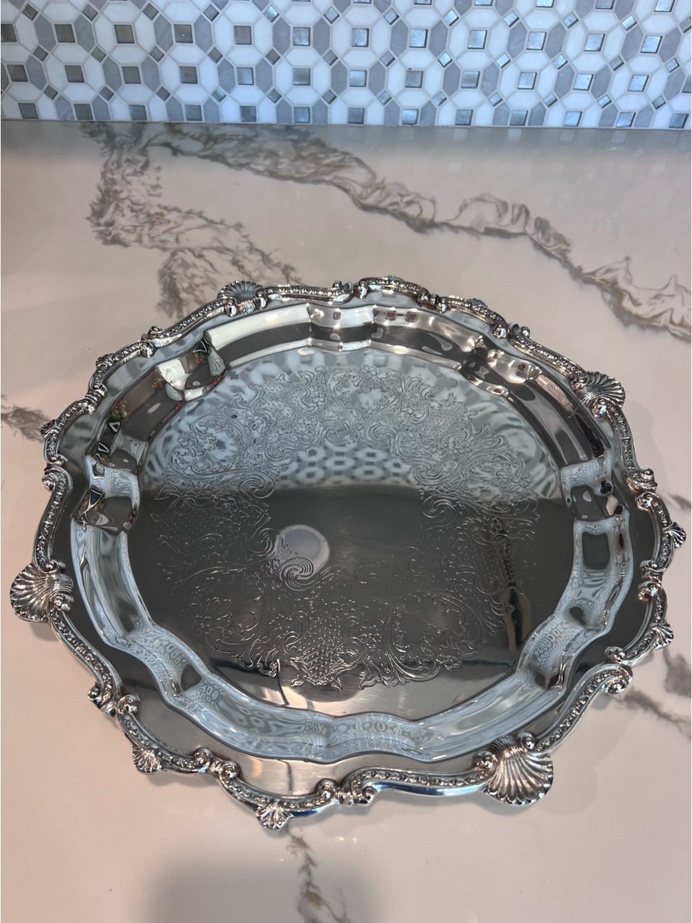 Antique Ornate Silver Plated Footed Tray Large 16" Heavy Solid Stamped Sheridan